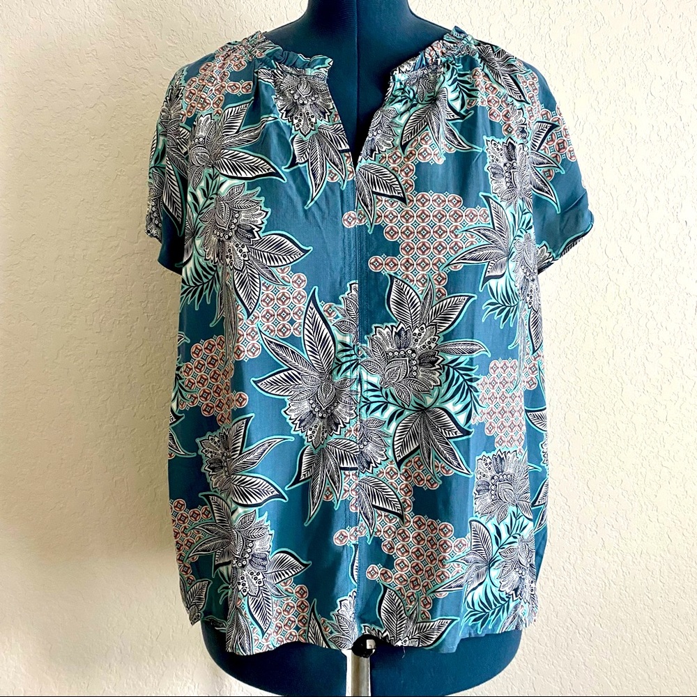 Loft Printed Teal Blouse Sz XL